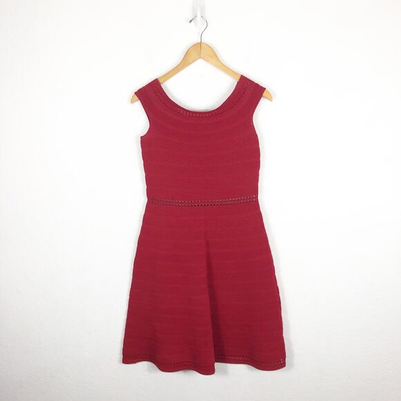 Sandro Masha Off-the-Shoulder Rib Knit Dress Size 8 Red Stretch Knee Length - Picture 3 of 13